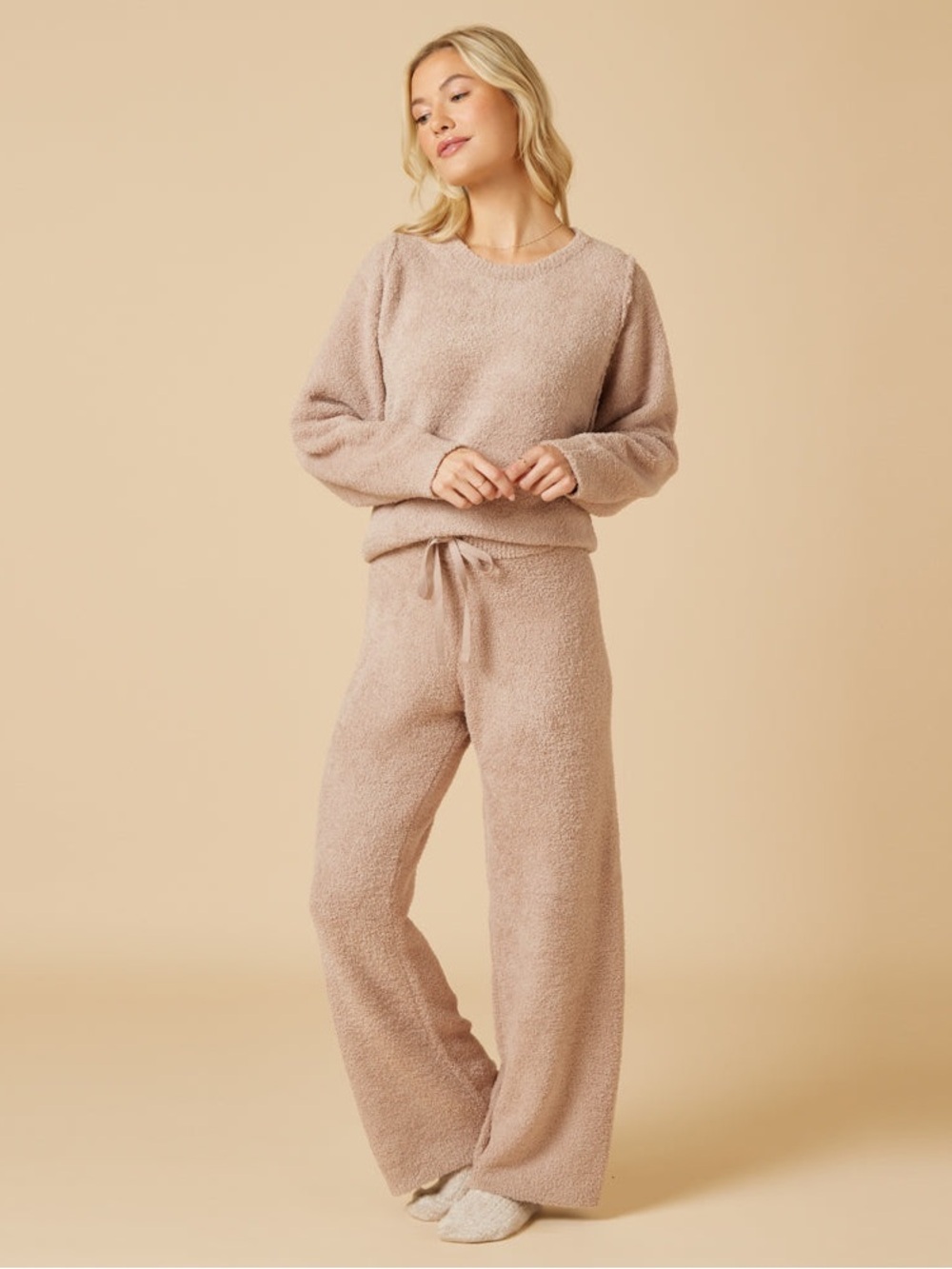Softies Marshmallow Lounge Set 2 Pc Reverse Seam Crew Neck Bracelet Sleeve Cream